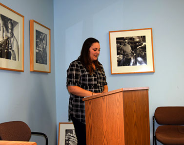 Sarah Green (center)  reads the nomination of Michele Rodriguez at 11-16 presentation of the 2017 Goldman Award.