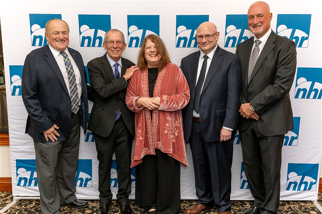 From left at Gala, former Executive Director Bill Beattie, former Executive Director
(and Gala honoree) Regis Obijiski, Associate Executive Director Sandi Swan, Executive
Director Sam Laganaro and NHR Board President Dan Hickey pose for a photo at our
50th Anniversary Gala.