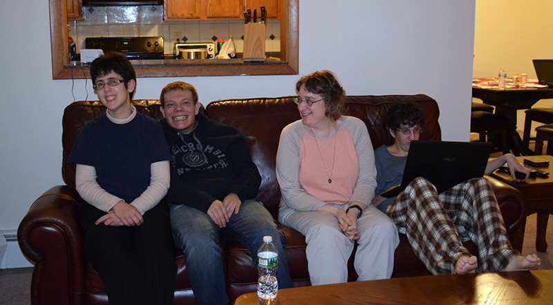 Alison, Todd, Alicia and Jocelyn enjoying time together at Jocelyn's and Wendy’s apartment. While competently supported by experienced DSPs, they also support each other as they develop skills living more independently.